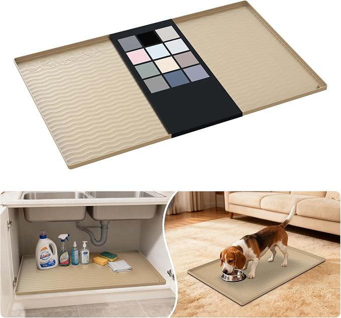 URMONA Waterproof Silicone Under Sink Mat 34'' x 22'' Shelf Liner for Kitchen and Bathroom, Cabinet and Counter Protector, Storage and Organizers, Litter Mat, Pet Cat Puppy Essentials(Khaki) by URMONA