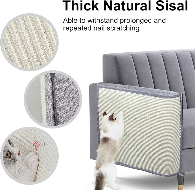 Upgraded Cat Scratch Furniture Protector,Cat Scratch Sofa Arm Sheild with Large Size Natural Sisal for Protecting Couch Sofa Chair Furniture 27.6''L*19.6''W (Light Grey/Right Handed) - Image 3