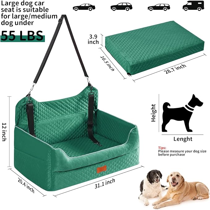 Dog Car Seat for Medium & Large Dogs Up to 55 lbs or 2 Small Dogs, Green | Memory Foam Elevated Booster Seat with Safety Belts, 4-Inch Thick Cushion, Storage Pockets and Removable Washable Cover - Image 2