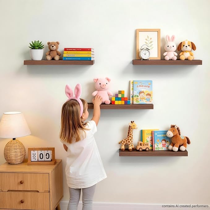 BAYKA Walnut-Like Floating Shelves 15.7in, 3 Pack, Wall Mounted Wall Decor | Easy Install, 22lbs Max Load, Hidden Bracket, Shelving for Bathroom Bedroom Kitchen Display Storage, Multi-Wall Compatible - Image 4
