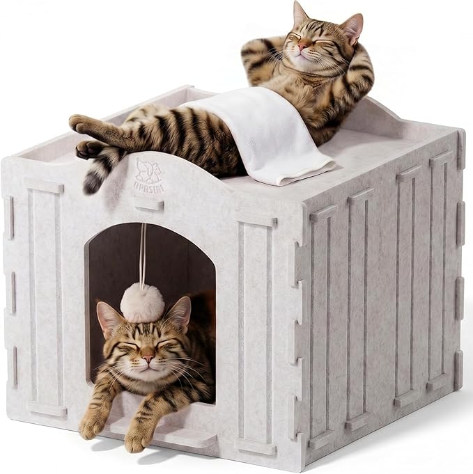 Cat Bed Cave for Indoor Cats: New Felt Cat Bed with Fluffy Ball, Foldable Cat House with Scratch-Resistant Board, Hideaway Cat Cave for Timid Cats, Sturdy Two-Tier Cat Condo & Cat Houses by Apasiri