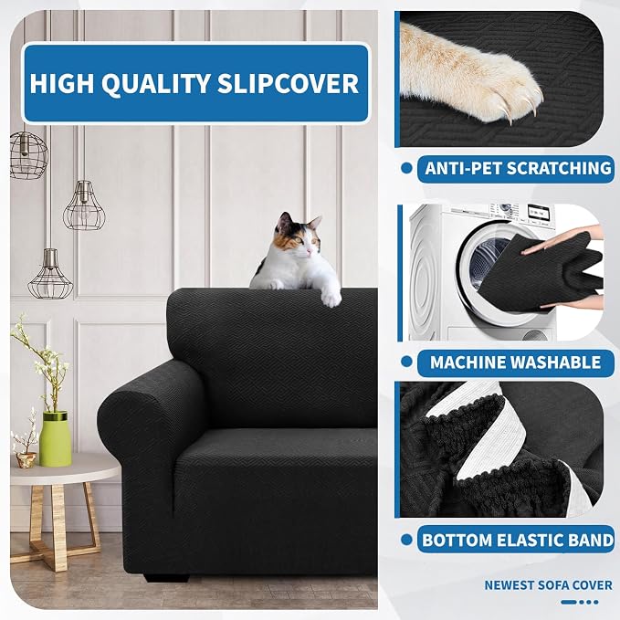XINEAGE Stretch Jacquard XL Sofa Cover, Non Slip Sofa Slipcover for Dog | High-Stretch Fabric. Wear-Resistant, Pet Friendly. Easy Install & Washable for Living Rooms, Offices.Classic Black - Image 6