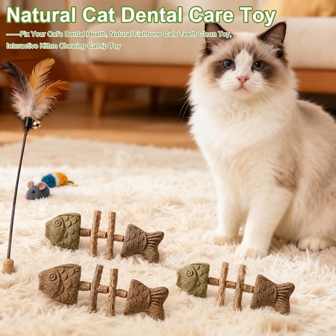 3PCS Catnip and Silvervine Chew, Creative Fish Bone Cat Dental Chew Toy, Fix Cat Dental Health, Durable Wooden Feline Tooth Care Tool - Image 6