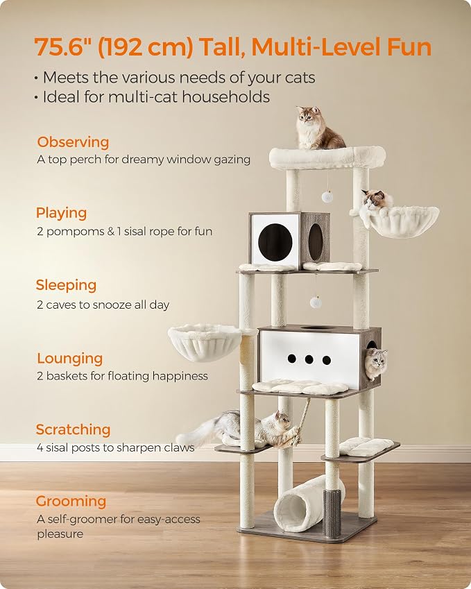 Feandrea Cat Tree, 75.6-Inch Modern Cat Tower, Tall Multi-Level Condo with 2 Caves, 2 Hammocks, 4 Scratching Posts, Self-Groomer, Tunnel, Perch, Heather Greige UPCT193G01 | Tall Cat Tower, 4 Scratching Posts, Self-Groomer, Tunnel, Perch, Heather Greige... - Image 6