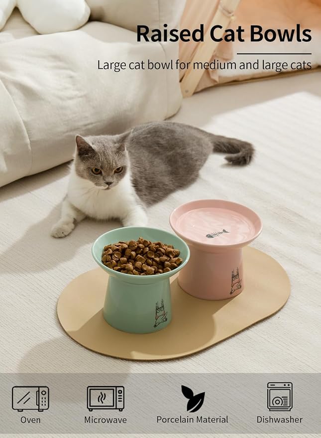 6.5 Inch Extra Wide Ceramic Elevated Cat Bowls, Raised Pet Bowl Set | Whisker Fatigue, for Elder Big Cats Small Dogs, Set of 2, Green & Pink - Image 6