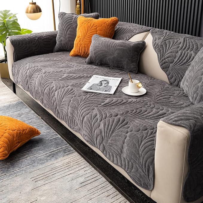 Couch Covers Plush Quilted Sofa Covers for Sectional Sofa Washable | Palm Leaves Couch Cover Chenille Non Slip Sofa Covers Soft Sofa Slipcover Furniture Protector for Pets Kids Children Dogs Cat - Image 5