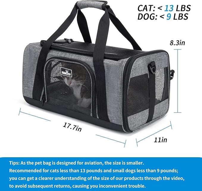 Wakytu TSA & Airline Approved Soft Pet Carrier for Cats/Dogs,17.7x11x8.3 | 3 entrances & 5 vents, waterproof rip-stop, anti-escape locks, padded strap,plane underseat,cat dog carrier - Image 3