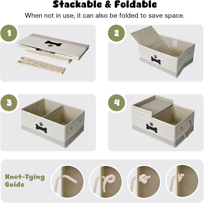 Dog Toy Basket with Double-Open Lid, Divided Dogs Basket for Toys, Collapsible Pet Toys Box, Dog Storage Organizer with 2 Divided Area, Puppy Toy Baskets with Rope Handles, Beige & Gray - Image 7