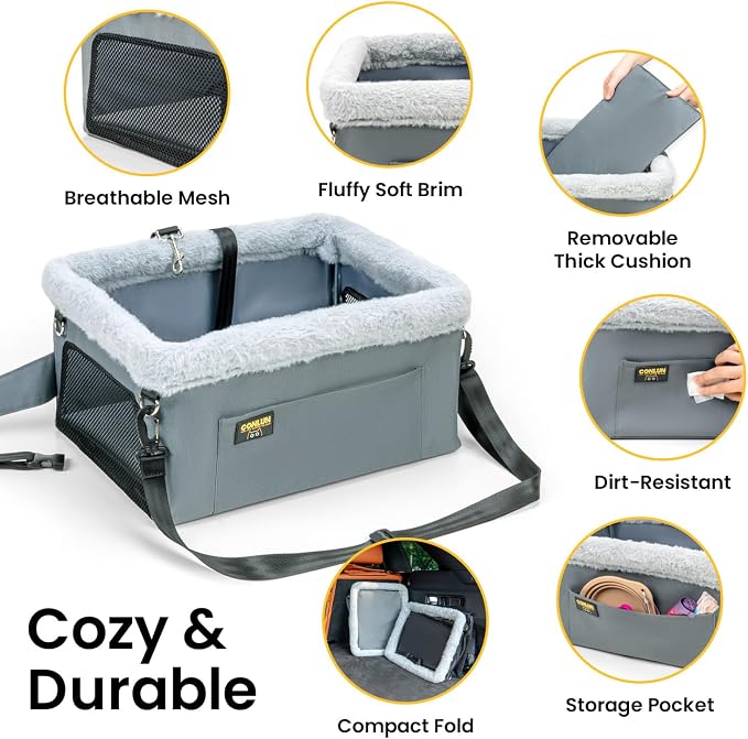 Conlun 2-Pack Dog Car Seat | Steel Frame Anti-Collapse | Small Pet | Grey | Heavy-duty Oxford | Rigid Skeleton Stops Wobbling | Leash Prevents Escapes | Elevated Pet Booster for Calm Car Trips - Image 5