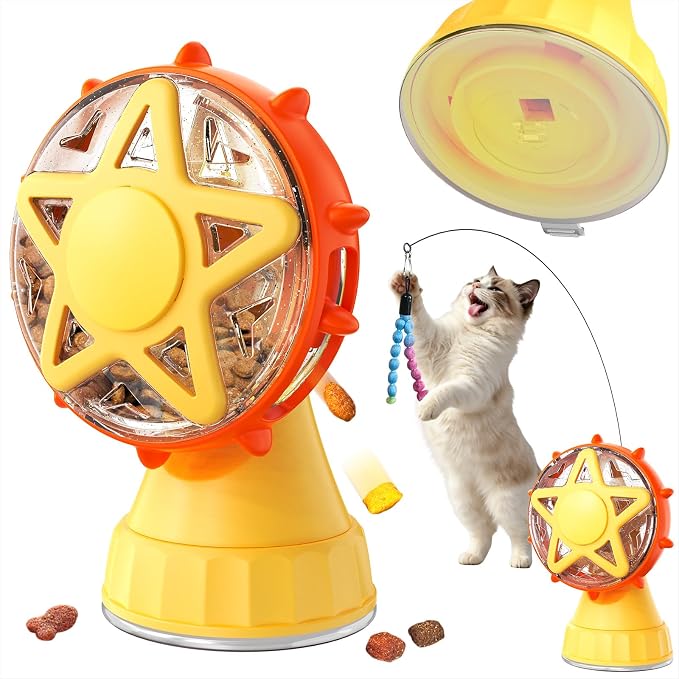 2 in 1 Ferris Wheel Interactive Cat Toy, Treat Dispenser Puzzle Feeder with Twist-Lock Suction Cup Base & Teaser Wand with Bells, Slow Feeder Enrichment Toy for Indoor Cat Boredom Relief by Larimuer