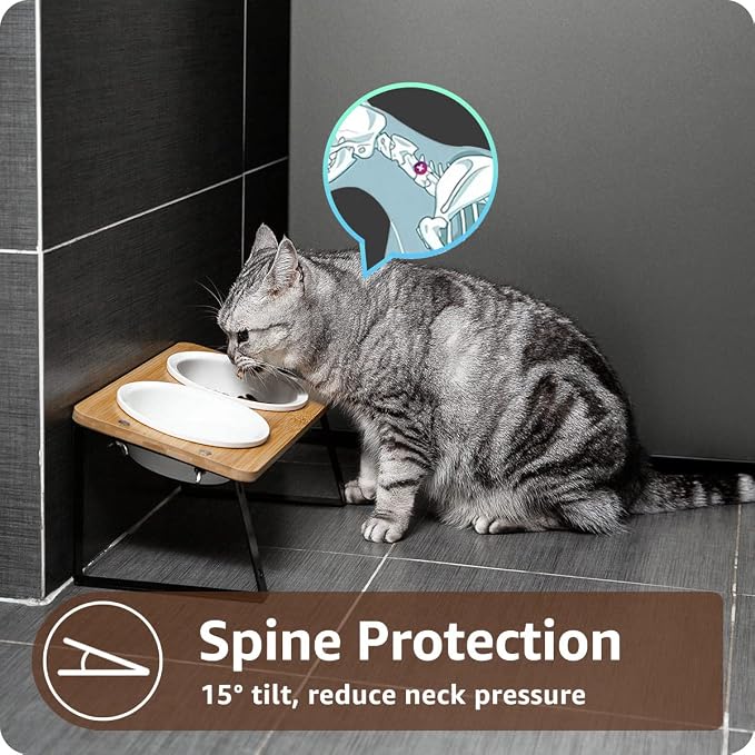 AYADA Elevated Cat Bowls Height Adjustable with Stand (Ceramic) | 15-Degree Tilt, 4.7 or 5.5 Inches, Non-slip Pad, Double Bowls, For Dry Food, Wet Food, Water, Ergonomic, Spine Protection - Image 5
