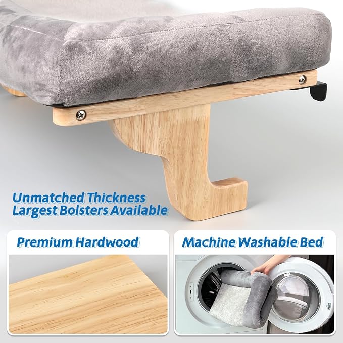 Zakkart Cat Perch for Window Sill with Bolster - Orthopedic Hammock Design with Premium Hardwood & Robust Metal Frame - Cat Window Seat for Large Cats and Kittens - Natural Color Wood Gray Bed, 24''W - Image 4