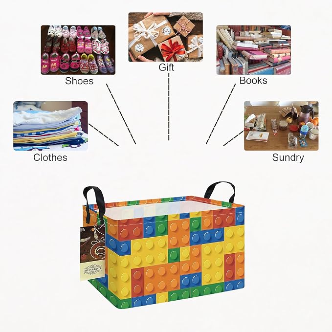 Rectangle Foldable Storage Basket Handles For Home, Colorful Blocks | Waterproof canvas material, reinforced handles, perfect for shelf use, organizes clothes, daily items and pet supplies - Image 3