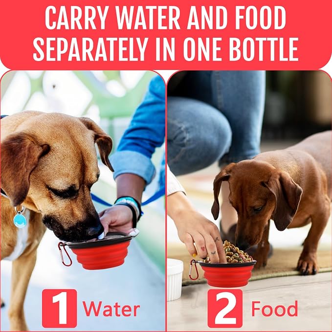 Dog Travel Water Bottle W/Collapsible Bowls - Portable 2 in 1 Leakproof Pet Water Bottle Food Container Ideal for Travel, Outdoor Portable Water Bowls for Walking, Camping & Hiking - (Red) - Image 4