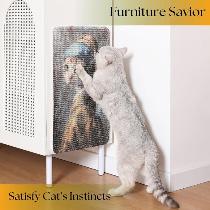 Sisal Cat Scratcher Post Mat (Use on Wall, Couch and Carpet), Shedding-Resistant Scratching Surface - 21.7x13 with Hoop and Loop Adhesives, Pads and Twist Pins (Cat with A Pearl Earring) - Image 2