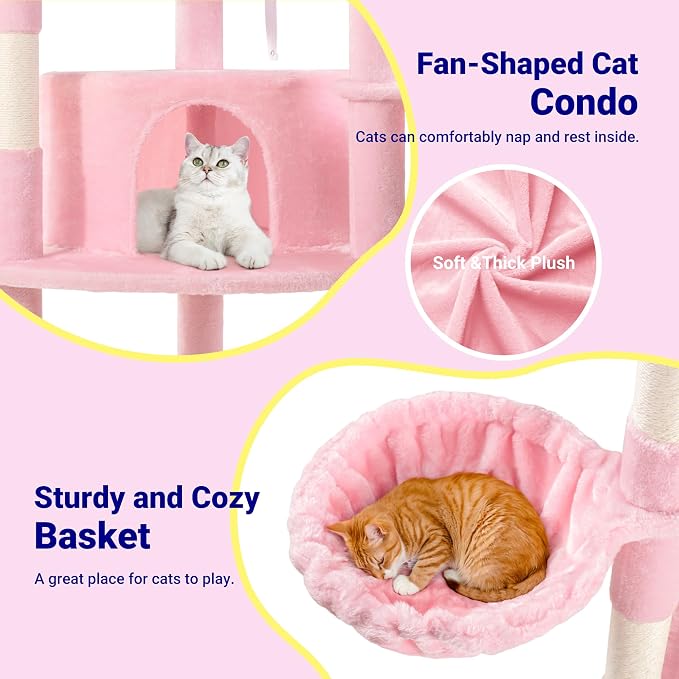 Allewie 73in Fan-Shaped Space-Saving Corner Cat Tower/Multi-Level Tall Cat Tree for Indoor Kitties/Cozy Baskets/Condos/House/Perches/Sisal Scratching Posts/Pet Activity Center/Pink - Image 6