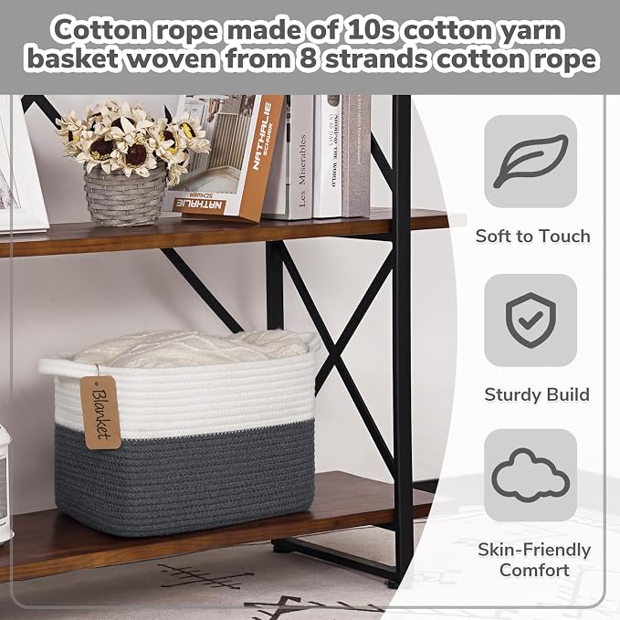 Goodpick Woven Rope Storage Basket for Shelves, Rectangle, Dark Gray | 13" × 10" × 9" Stylish Gift Basket for Home Decor, Cotton Rope Baskets for Baby Toys, Books & Towels Storage, Writable Label - Image 5