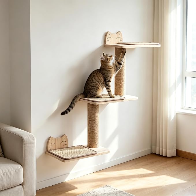 3-in-1 Cat Wall Shelves, Reversible Cat Wall Steps & Sisal Mat | Jute Scratching Post, Solid Pine Wood Cat Wall Furniture, Corner Cat Stairs for Climb Nap Scratch, Fits 16" Stud Drywall - Image 6