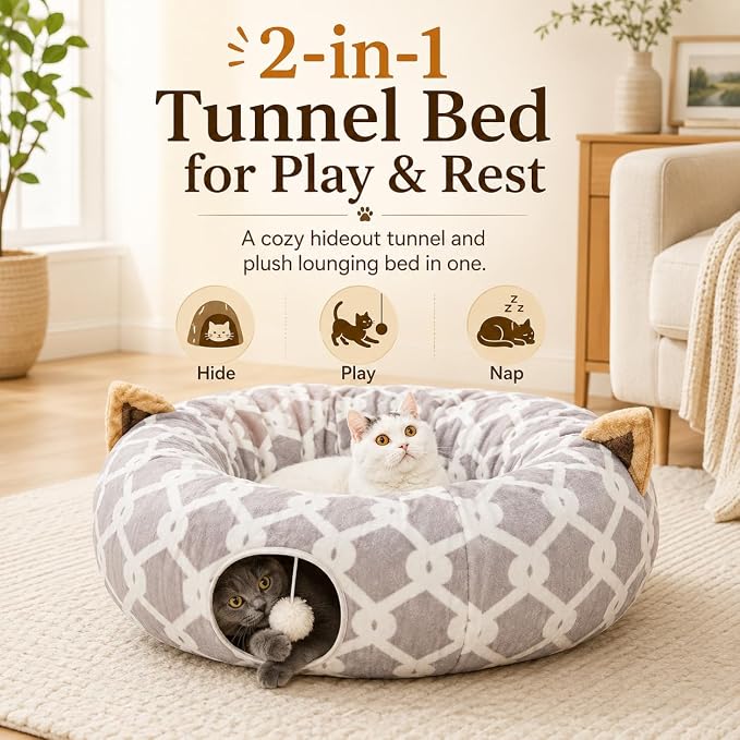 Large Cat Tunnel Bed Under Christmas Tree with Fluffy Toy Balls, Small Cushion and Flexible Design- 10 inch Diameter, 3 ft Length- Great for Cats, and Small Dogs, Gray Geometric Figure - Image 2