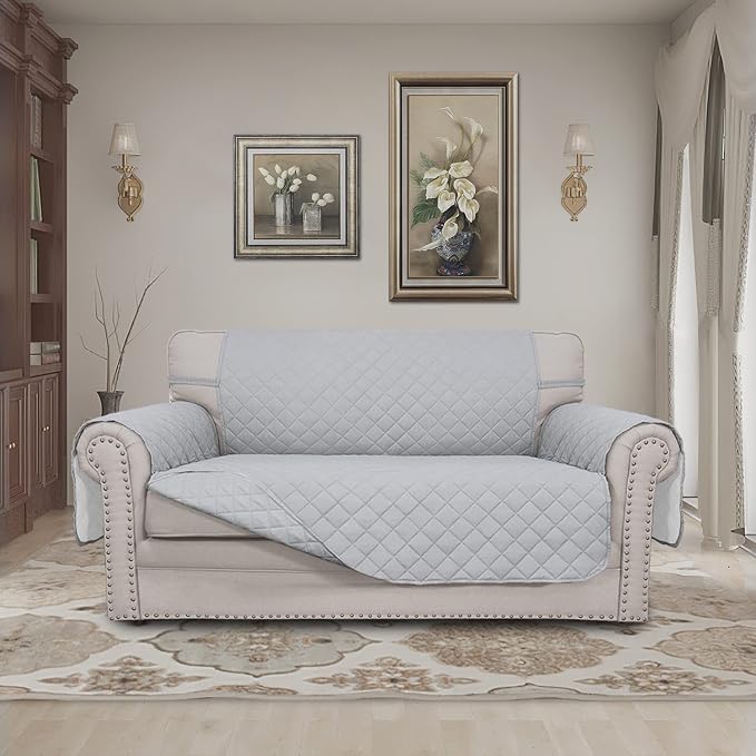 Easy-Going Reversible Loveseat Couch Cover for 2 Cushion Couch Sofa Cover for Dogs Water Resistant Furniture Protector with Foam Sticks Elastic Straps for Pet (Loveseat, Light Gray/Light Gray) | Loveseat Slipcover For Dogs, Water Resistant Furniture Ma... - Image 2