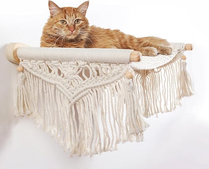 Macrame Cat Wall Shelves & Hammock - Comfy Cat Beds with Window Perch for Indoor Cats, Sleeping & Climbing, Cotton Rope, Natural Wood, Maximum Hold up to 30lb, Beige White by netsTribe