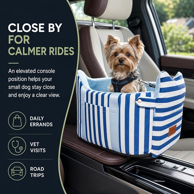 Console Dog Car Seat for Small Dogs to 15lbs (Blue& White Stripes) | Center Console Puppy Booster and Portable Travel Bed, Anti-Collapse Design with Washable Fluffy Cushion - Image 2