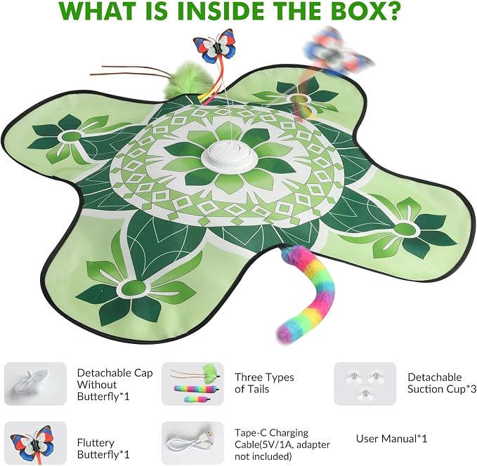 Wortade 3in1 Interactive Hide-and-Seek Cat Toy, Rotating, Green | Moving Concealed Wand Feather,Automatic Fluttering Butterfly,Cat Stimulation,Touch Activated,Mouse Squeaky,1800mAh Battery - Image 6