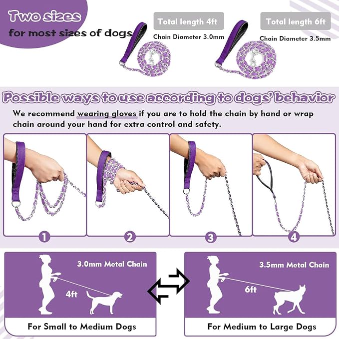 Metal Chain Dog Leash Chew Proof for Dogs, Purple, 3.5mm, 6FT | More Room for Everyday Walks and Outdoor Use, Chew Resistant Chain, Padded Handle, Swivel Clip - Image 5