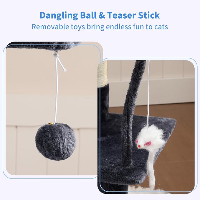 Heybly Cat Tree with Toy, 43.3 inch Cat Tower for Indoor Cats HCT004SG | Cat Condo with Durable Sisal Scratching Posts, Cat House with Padded Plush Perch, Cozy Hammock, Smoky Gray - Image 4