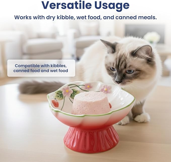 Strawberry Blooms Elevated Ceramic Cat Bowl, Red | Raised Cat Food Bowl with 15° Tilt, Whisker-Friendly Pet Feeding Bowl, Anti-Choking Dish, Dishwasher Safe - Image 5