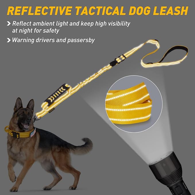 AUBELL Tactical Dog Leash Heavy Duty,4-6ft No Pull Bungee Leash,Yellow | Reflective Dog Leash for Medium Large Dogs with Comfortable Padded Double Handle,Car Seat Belt,360 Degree Rotating Carabiner - Image 5