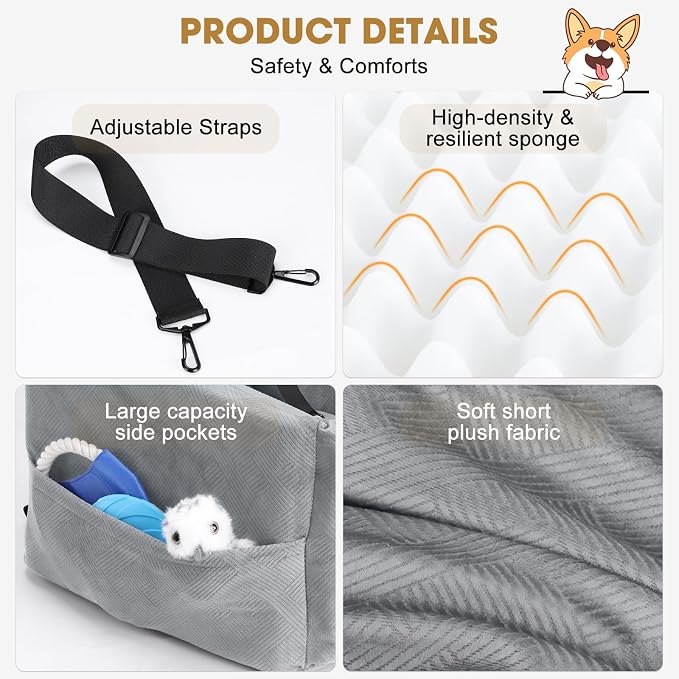 JOEJOY Dog Car Seats for Small Medium Dogs Under 35lbs, Dog Booster Seat with Detachable Washable Cover and Cushion, Memory Foam Pet Car Seat with Safety Belt and Storage Pockets (LG) - Image 7