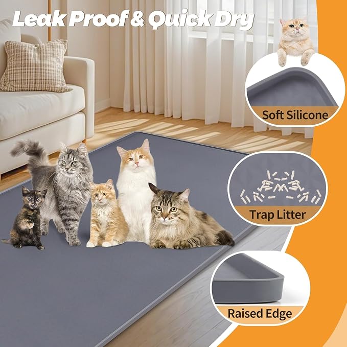 Cat Litter Mats,51"x25.6"Extra Large Silicone Cat Mat for Litter Box | Kalolary Easy to Clean Kitty Litter Trapping Mat,Soft on Kittys Paws,Waterproof, Urine-Proof Kitty Litter Mats for Floor,Grey - Image 3