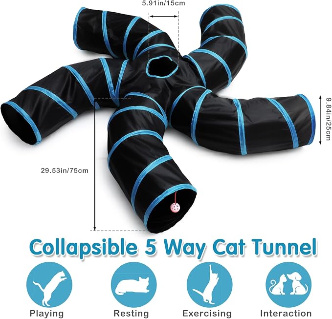 Poen 21 Pcs Cat Tunnel for Indoor Set Collapsible 5 Way Tubes with 20 Pcs Cat Kitten Toys Interactive Feather Toy Mouse Crinkle Balls Tube for Puppy Kitten Rabbit(Blue Black) - Image 5