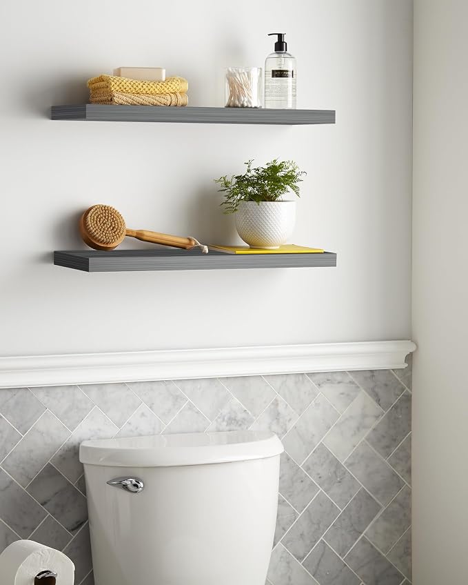BAYKA Grey Floating Shelves 22.5in, Set of 2, Wall Mounted for Wall Deocr | Easy Install, 22lbs Max Load, Hidden Bracket, Shelving for Bathroom Bedroom Kitchen Book Room Storage, Multi-Wall Compatible - Image 4