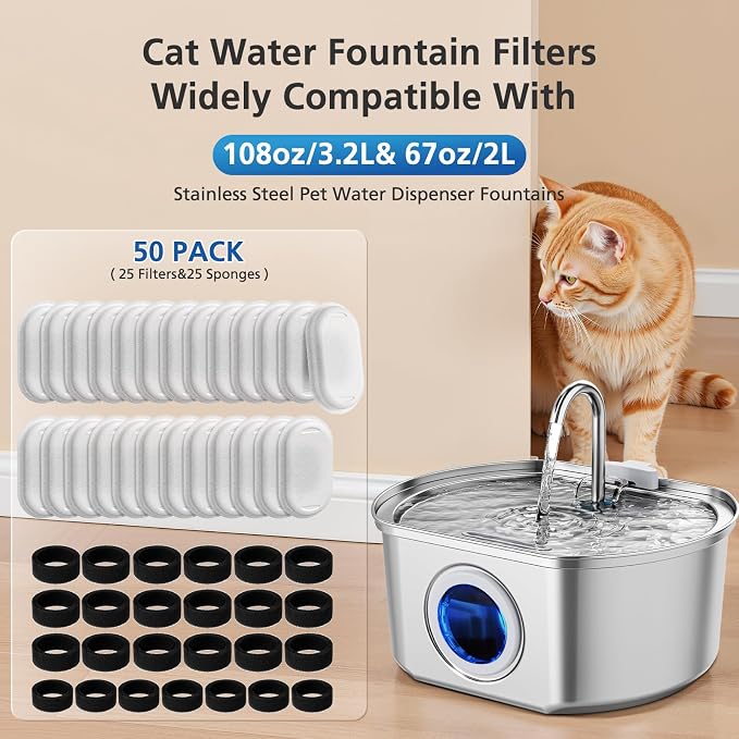 50 Pack Cat Water Fountain Filters for Stainless Steel Pet Water Dispenser | 108/3.2L& 67oz/2L& 4L/135oz Cat/Dog Fountain Filter Replacement(25 Filters & 25 Sponges) - Image 2