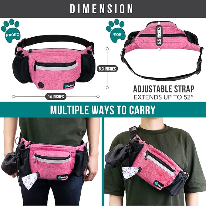 PetAmi Dog Fanny Pack, Treat Pouch for Dog Walking Training, Pink | Built in Poop Bag Dispenser, Water Bottle Holder, Collapsible Bowl, Pet Treat Waist Belt for Hiking Running Kibbles - Image 5