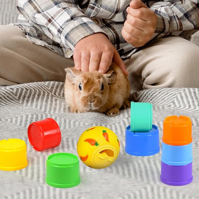 9 Pack Rabbit Stacking Cups and Bunny Treats Balls, with Multi Colored Plastic Bunny Stacking Cups Rabbit Toys, for Guinea Pigs Bunnies Hedgehogs Small Animals Hiding Food and Playing - Image 6
