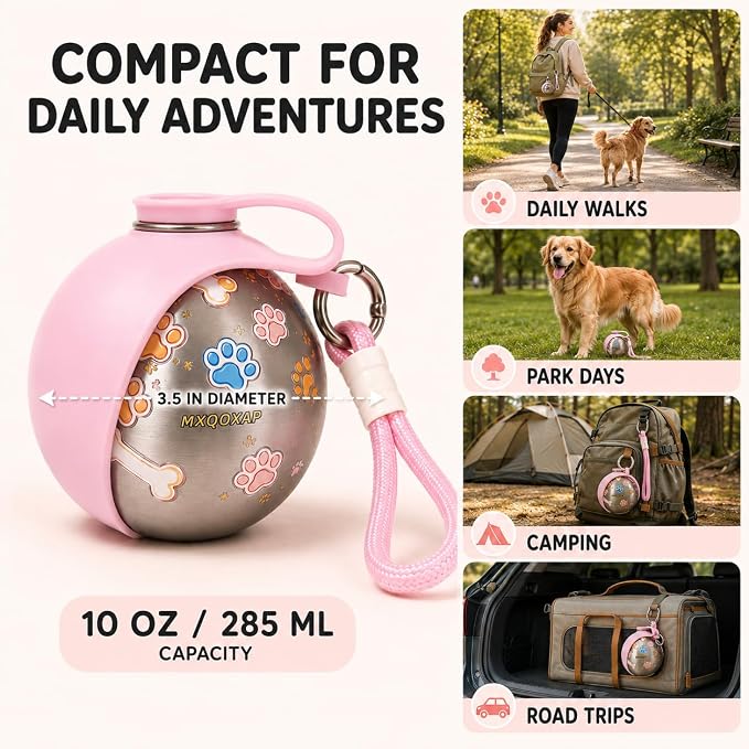 2026 New 2-in-1 Dog Water Bottle Portable, 10 Ounce Stainless Steel Dog Water Bottle, Travel Dog Water Bottle with Foldable Silicone Bowl and Water Reflux Design, Suitable for During Walks (Pink) - Image 7