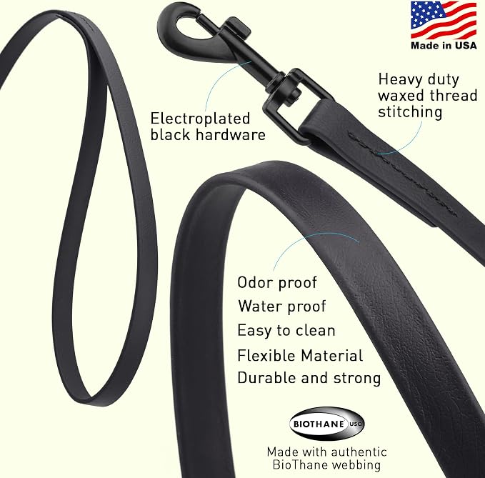 Dogline Biothane Waterproof Dog Leash Strong Coated Nylon Webbing with Black Hardware Odor-Proof Easy to Clean High Performance for Small or Large Dogs Made in USA 4 or 6 ft Lead, Black - Image 2