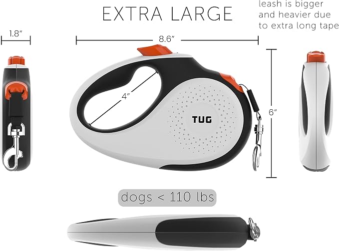 TUG XL Retractable Dog Leash, 26 ft (Extra Large, White/Orange) | 360° Tangle-Free Retraction, 26 ft Tape, Quick Thumb Lock, Anti-Slip Handle, For Dogs Under 110 lbs - Image 3