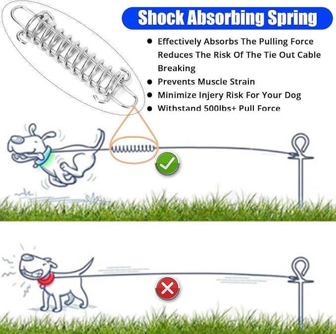 jenico Dog Tie Out Cable - 50 ft Heavy Duty Dog Lead for Yard | Outdoor Runner Cable with Swivel Hook and Shock Spring for Small Medium Large Dogs Up to 500 lbs Dog Tether for Yard Camping - Image 2