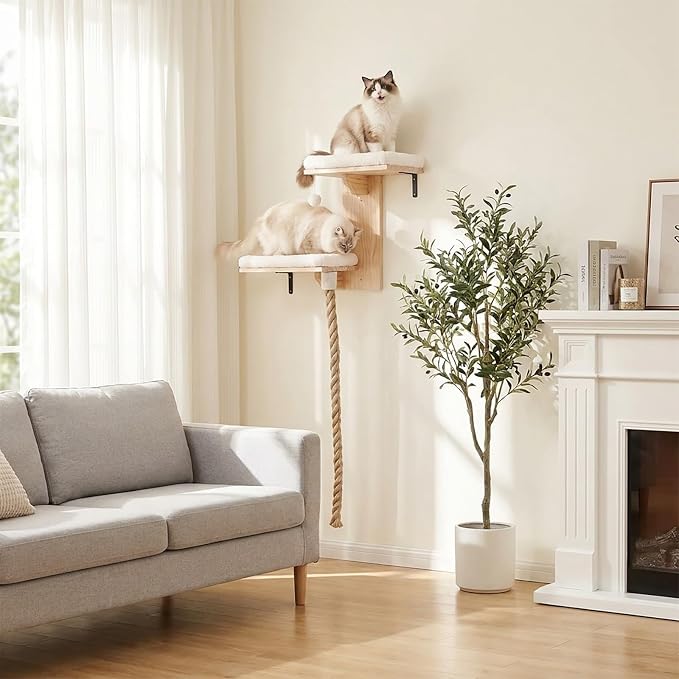 Cat Wall Shelves, 2 Beds with 4.92 ft Cat Scratching Post Rope | Tree Shape Cat Wall Furniture Set, Kitten Floating Shelf with Soft Cushion Perch, Solid Wood Cat Perch for Climb, Play, Nap - Image 8