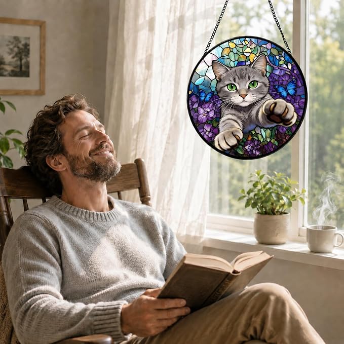 Stained Glass Window Hanging Cat Suncatcher with Butterfly Design, Round Window Hanging Decor, Colorful Sun Catcher for Home, Garden & Gifts for Cat Lovers - Image 2