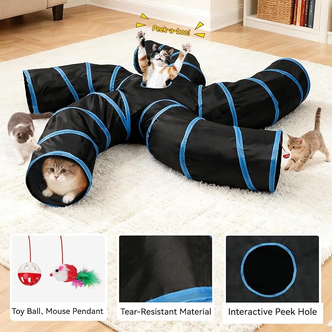 Joytale Cat Tunnel for Multiple Cats, 5-Way Indoor Tube Toy to Chase & Hide | Bell ball & Toy Mouse Included; Peekaboo Hole; Pops Open & Folds Into Zip Bag; Fits Cats to ~12 lb; Kittens & Rabbits Too - Image 4