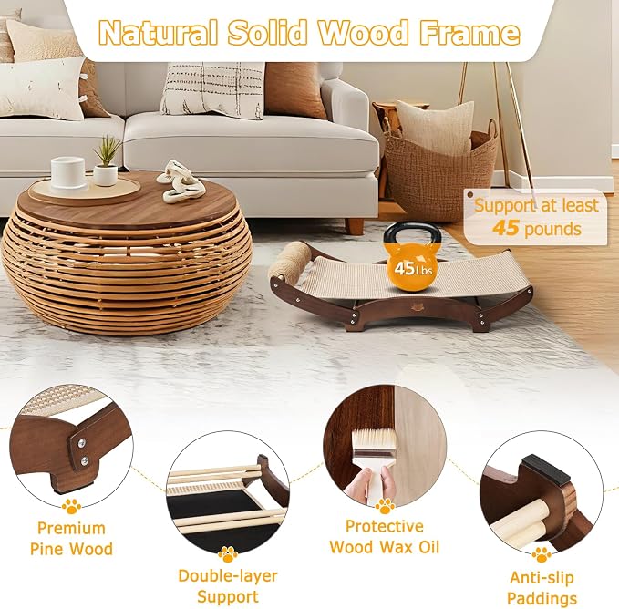 3 in 1 Sisal Cat Scratcher Bed, Solid Pine Cat Scratcher with Balls, Walnut | Extra Large Cat Scratching Post with Hammock, Cat Scratcher for Scratch & Play & Rest, Cat Furniture for Indoor Cats, Kitten - Image 5