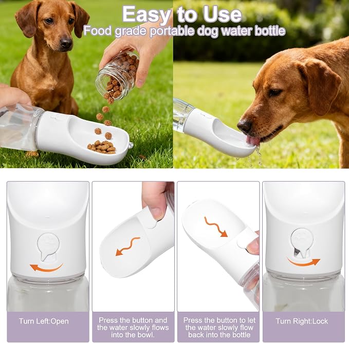 Portable Dog Water Bottle with Food Container, Drinking Bottle for Travel | 2 in 1 Dog Water Bowl, Leak Proof Pet Water Dispenser, BPA Free, Puppy Essentials, for Walking Hiking (White,19oz) - Image 5