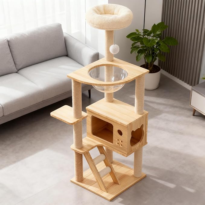 Modern Cat Tower, Wood Cat Tree Tower for Indoor Cats, Cat Tree with Sisal-Covered Scratching Posts and Soft Top Perch, 48.8'' Cat Condo with Acrylic Hammock for Small Large Cats - Image 9