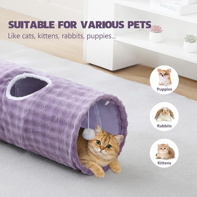 Straight Bubble Cat Tunnel for Indoor Cats 47"x12", Dusty Purple | Cute Cat Toys, Collapsible Tunnel Tube with Hanging Balls for Puppy Kitten Rabbit - Image 3
