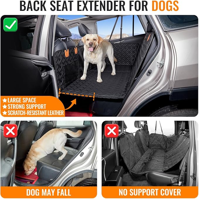 MAXFUT Dog Car Seat Cover for Back Seat,Back Seat Extender for Dogs | Hard Bottom Dog Hammock,Waterproof,Scratch Resistant Leather,Strong Support,Back Seat Protector for Car/SUV/Small Truck,Black - Image 3